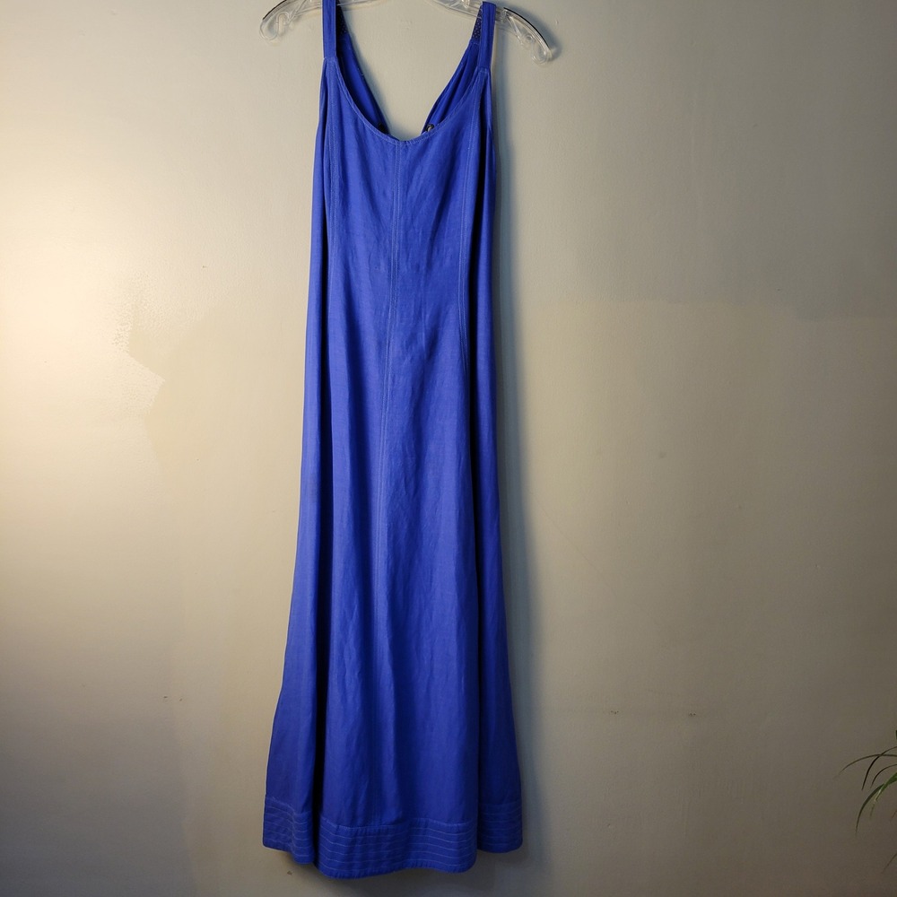 Free People Blue Rayon Linen Lace Up Corset Back Maxi Dress Side Zip